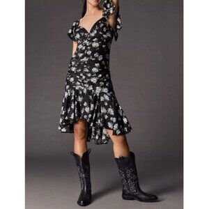 By Anthropologie Sweetheart Ruched Drop-Waist Dress  Black Blue Floral XL